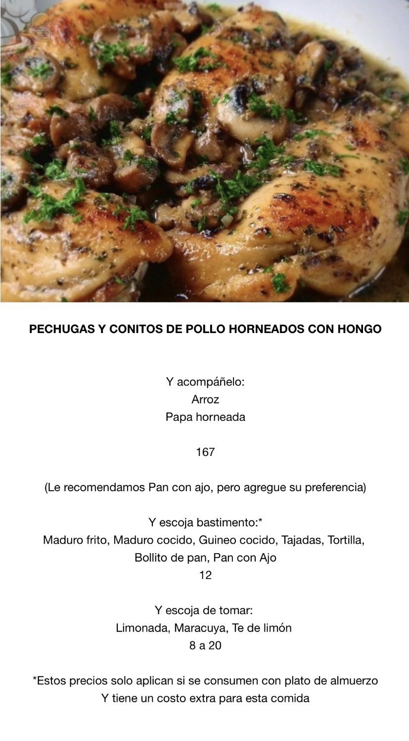 LUNES MARZO 30, Tipo: Conitos y pechuga de pollo  horneado con hongo