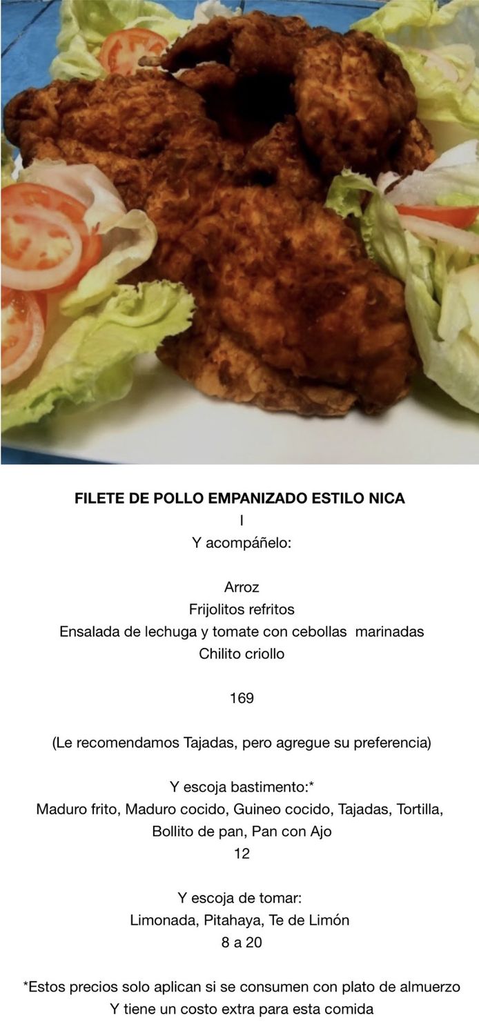 MIERCOLES JULIO 1 MIERCOLES JULIO 1, Tipo: Pollo empanizado Nica