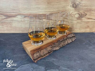 Tasting-Board - massive Eiche mit Rinde - für drei Gläser - Whisky-Board (passend für Glencairn)
