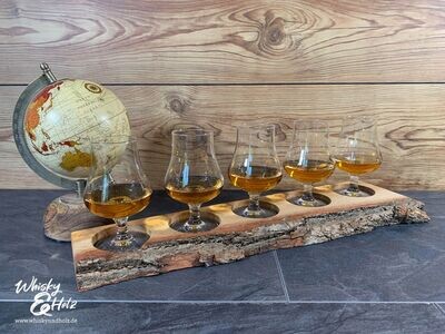 Tasting-Board - massive Eiche mit Rinde - für fünf Gläser - Whisky-Board