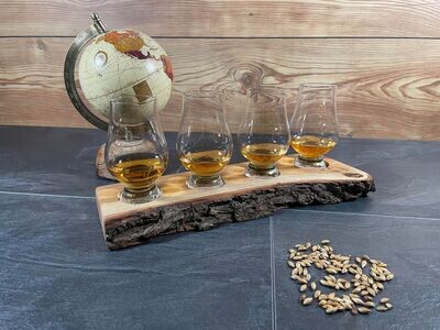 Tasting-Board - massive Eiche mit Rinde - für vier Gläser - Whisky-Board (passend für Glencairn)