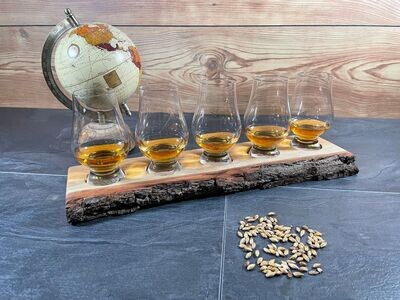 Tasting-Board - massive Eiche mit Rinde - für fünf Gläser - Whisky-Board (passend für Glencairn)