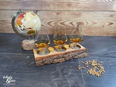 Tasting-Board - massive Eiche mit Rinde - für drei Gläser - Whisky-Board