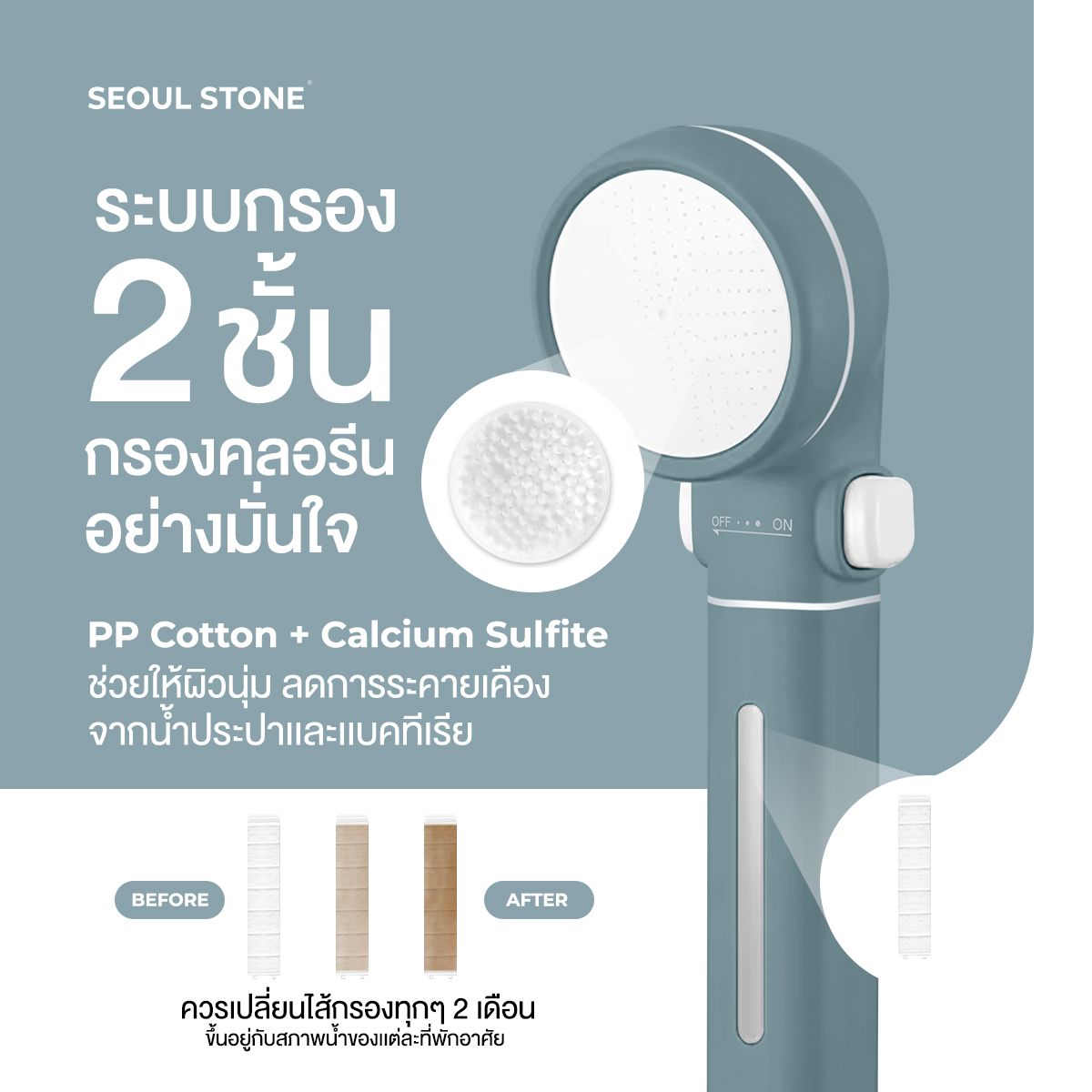 ฝักบัว Candy กรองคลอรีน 2 ชั้น | PP Cotton + Calcium Sulfite | ผิวนุ่ม ลดแบคทีเรีย ติดตั้งง่าย