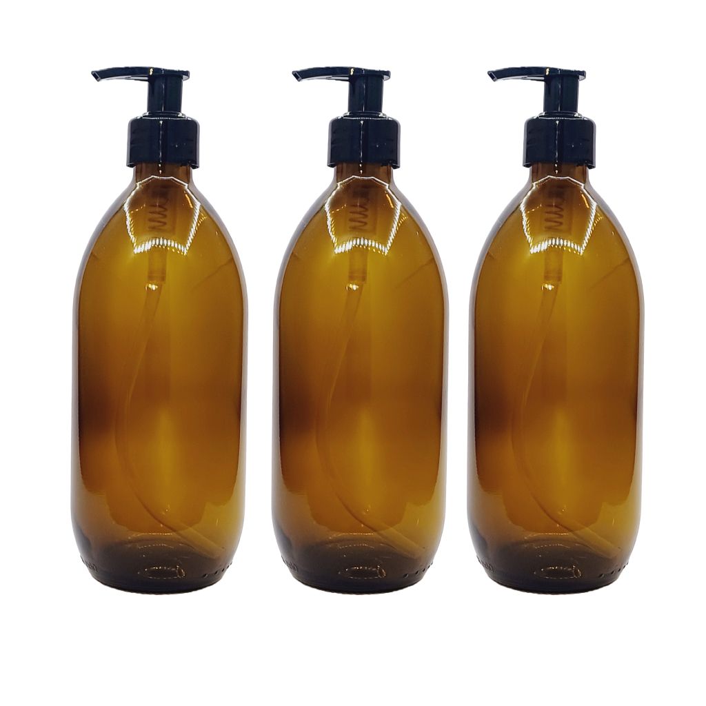 500ml Brown Amber Glass Bottles with Lotion Dispenser Pump, Pack QTY: 3 Pack