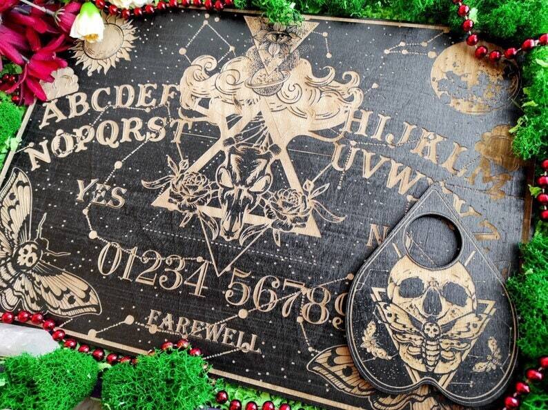 Black Ouija board & Planchette from wood, witchcraft decor for altar, spirit game, occult practice, divination tools