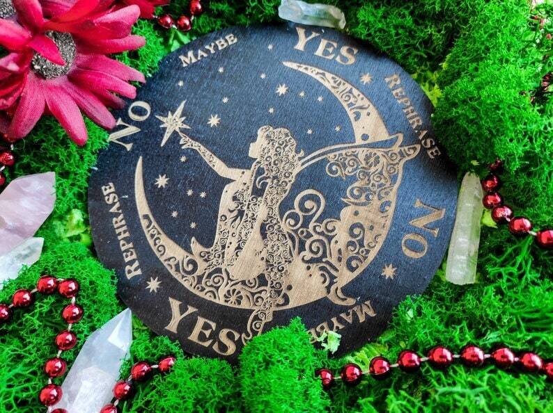 Fairy on the Moon Pendulum Board for answers, witchcraft divination tools for spirit, altar decor, black divination board