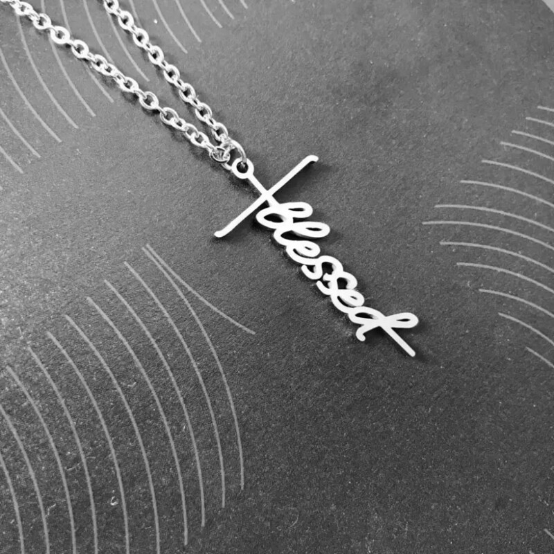 18 in Stainless Steel Cross Necklace with the word BLESSED written in it.