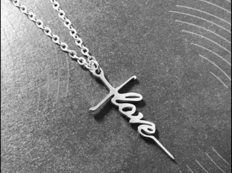 18 in Stainless Steel Cross Necklace with word LOVE written into it..
