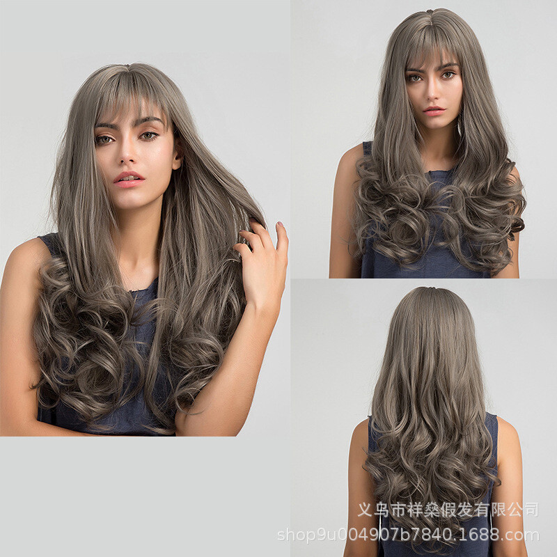 Factory Direct Selling European And American Air Bangs Wig Women&#39;s Amazon Hot-selling Dark Silver Gray Qi Bangs Wig