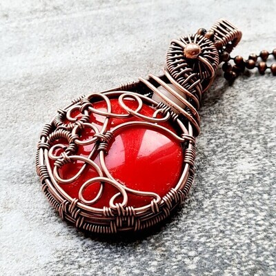 Red Coral and Moonstone pendant with chain.