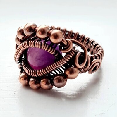 Purple Agate ring with beads in antiqued copper - Size R/59/9