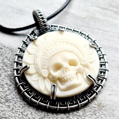 CHIEF - Carved Bone Indian Chief Skull in sterling silver with necklace.