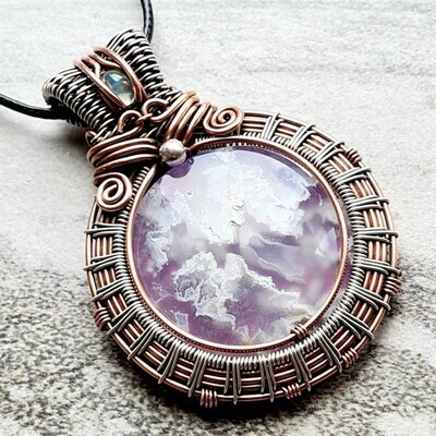 Purple Plume Agate with Opal accent and beads in copper and sterling silver with necklace.