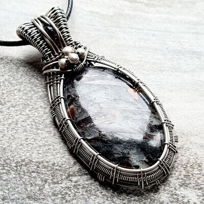 Astrophyllite with Black Opal accent and beads in sterling silver with necklace.
