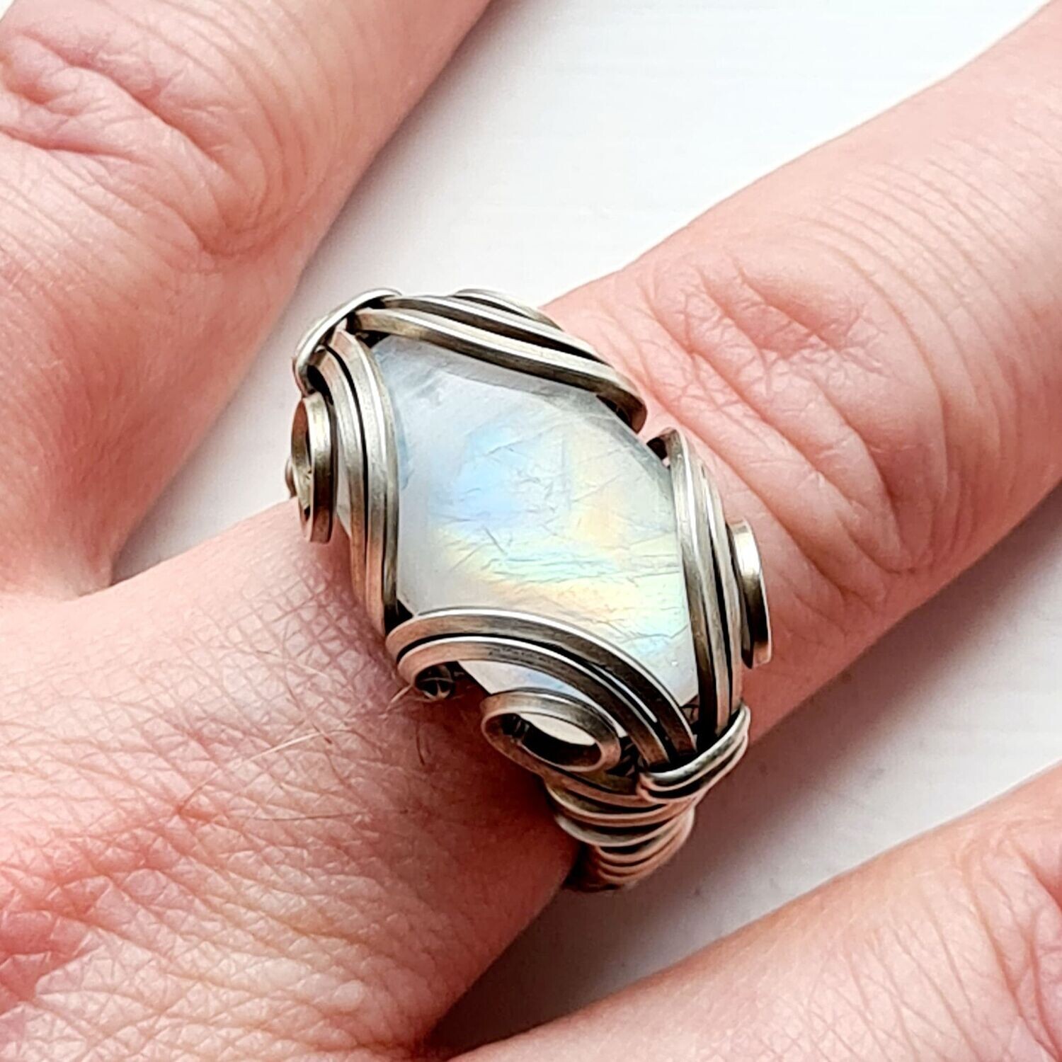Rainbow Moonstone ring in antiqued Sterling Silver - Size R/59/9 to S/60/9.5