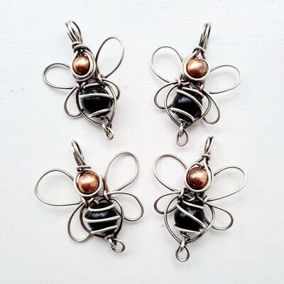 Black Obsidian and copper bead Bee pendant in sterling silver with chain.