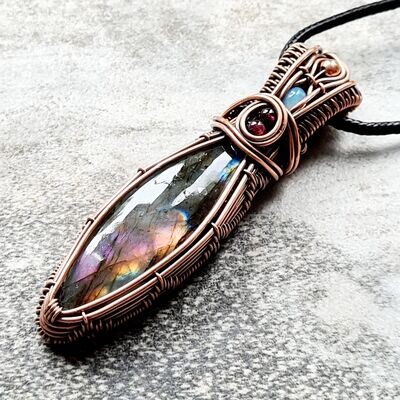 Marquise Aurora Labradorite with WELO Opal and Garnet beads pendant with chain.