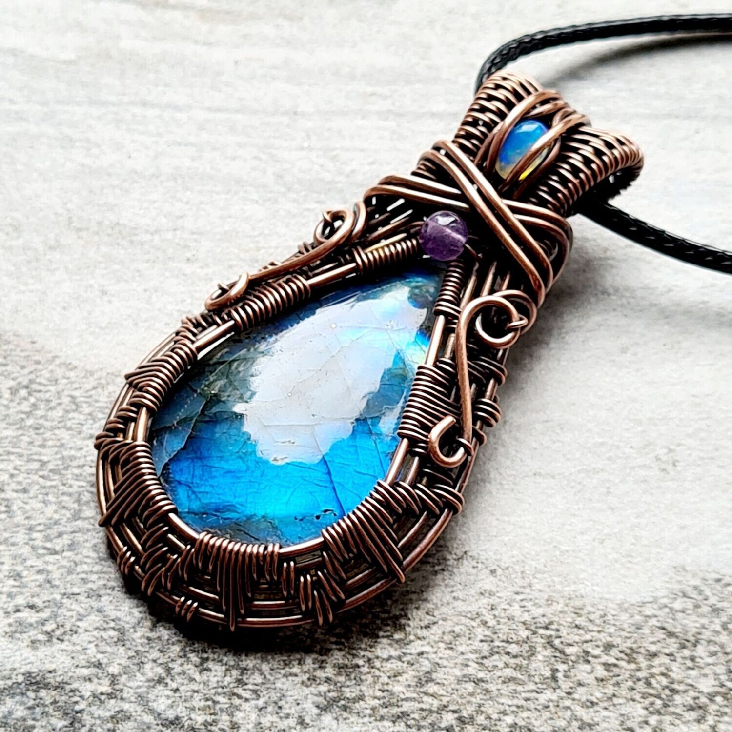 Blue Labradorite with WELO Opal and Amethyst accents pendant with chain.