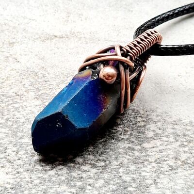 Rainbow Electroplated Cobalt Quartz point pendant with chain.