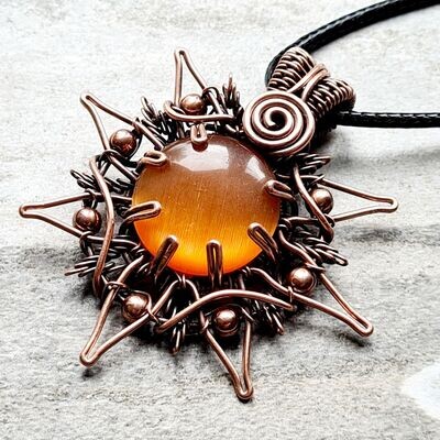 Orange Chrysoberyl "Cat's Eye" Star with beads pendant with chain.