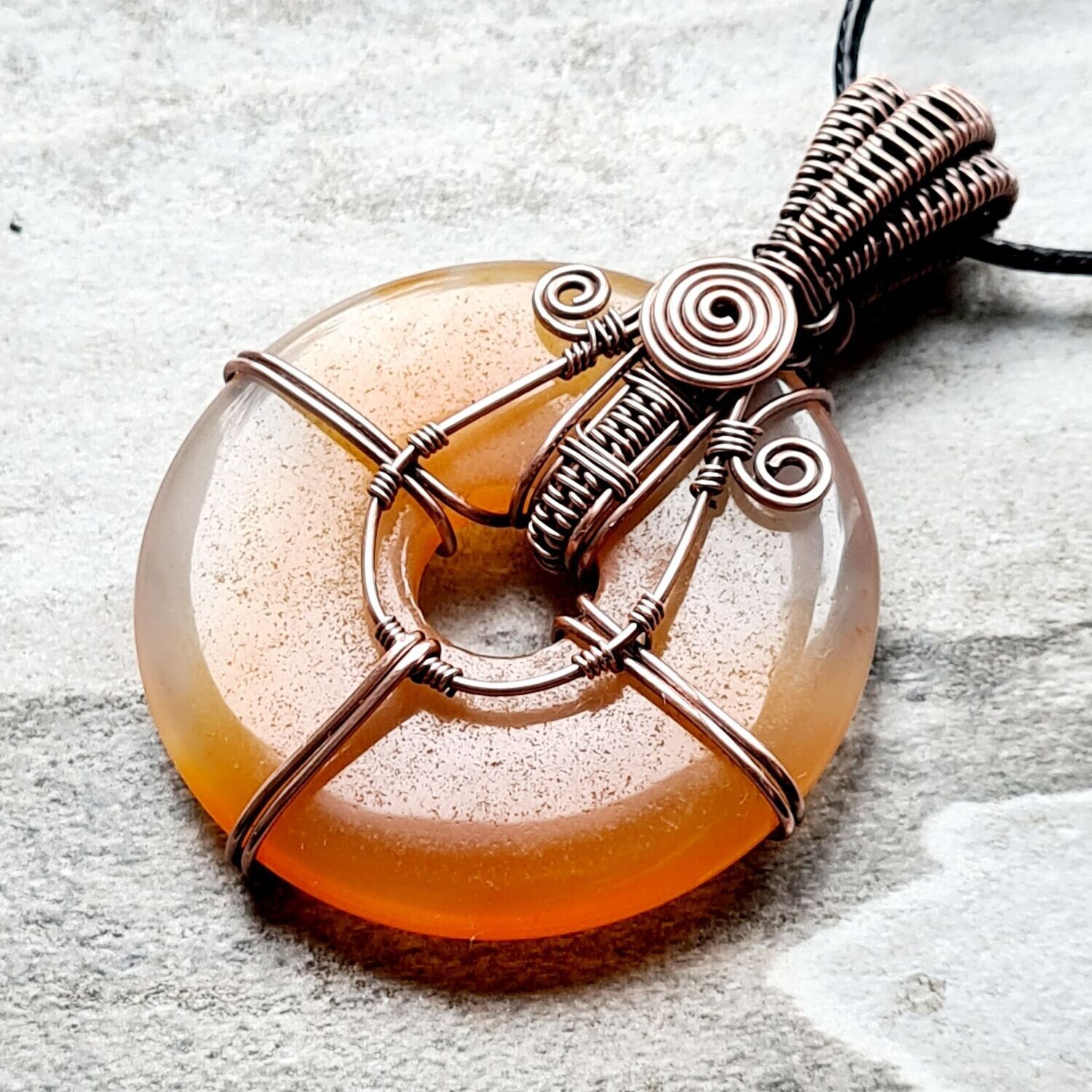 Large Orange Agate donut pendant with chain.