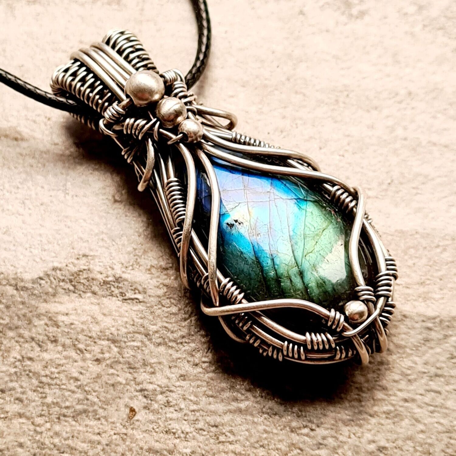 EMBRACE - Blue/Green Labradorite with beads in sterling silver with necklace.