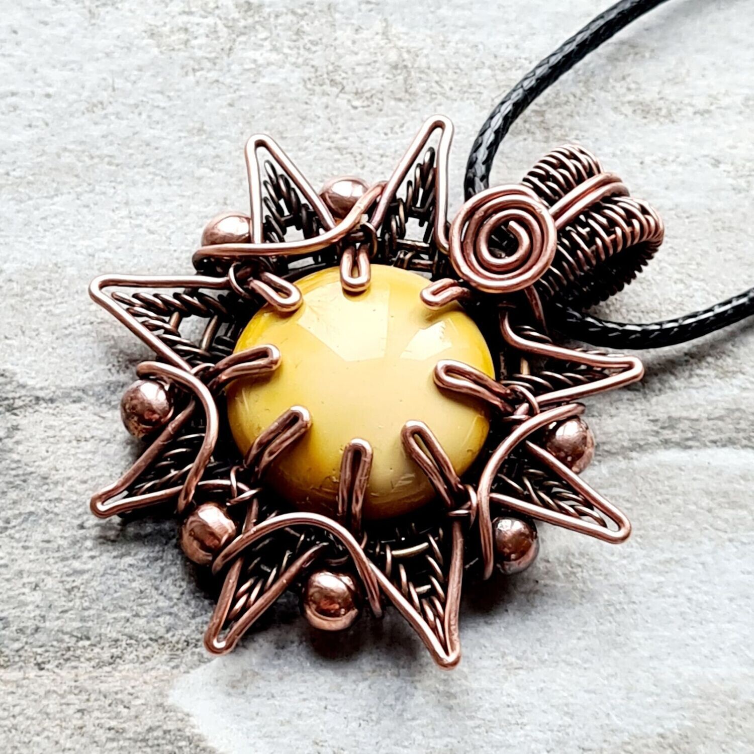Yellow Mookaite Sun pendant with chain.