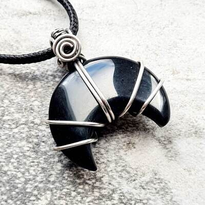 Black Obsidian Crescent Moon in sterling silver with necklace.