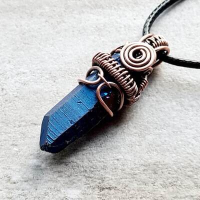Rainbow Electroplated Cobalt Quartz point pendant with chain.
