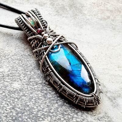EUPHORIA - Blue Flashy Labradorite with WELO Opal, garnet and bead accents in sterling silver with necklace.