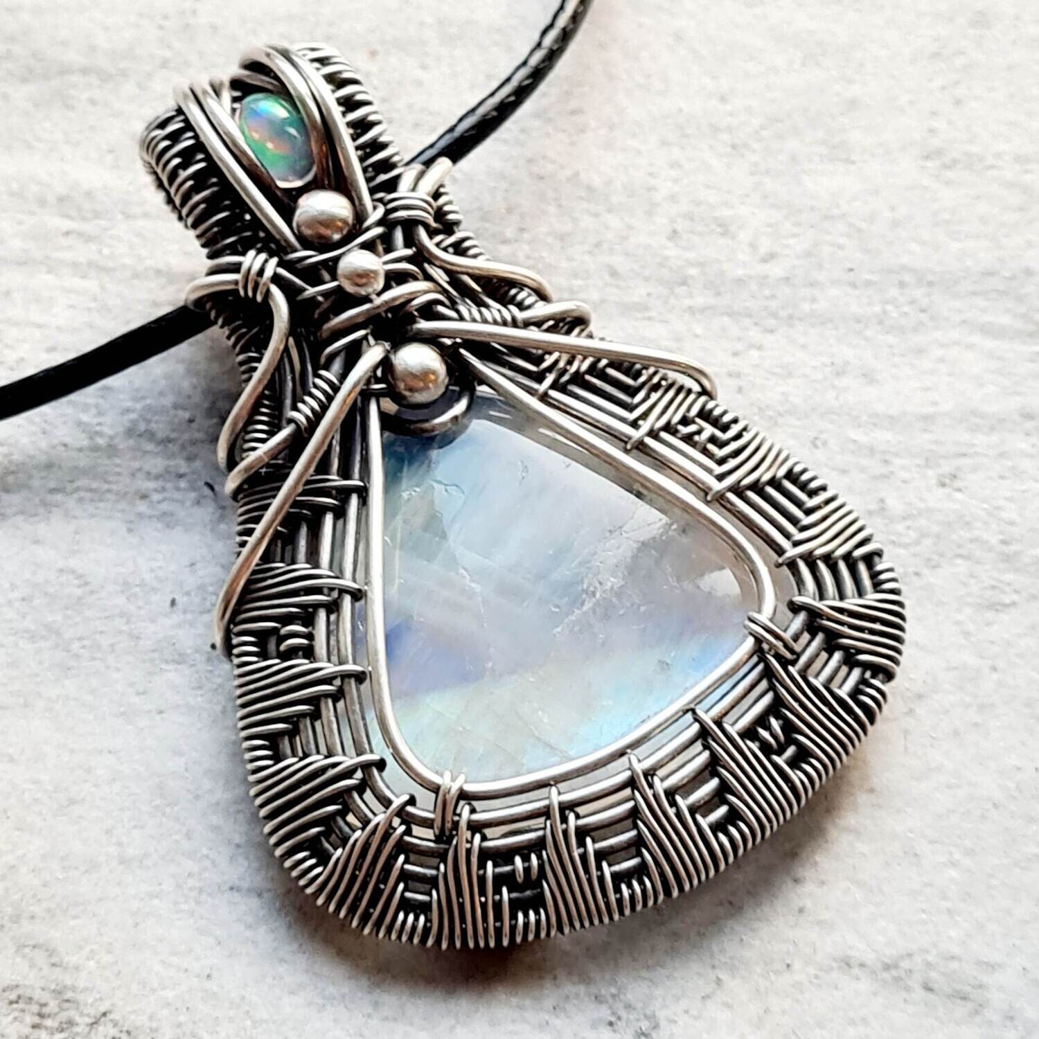 SERAPHINA - Rainbow Moonstone with WELO Opal accent in sterling silver with necklace.
