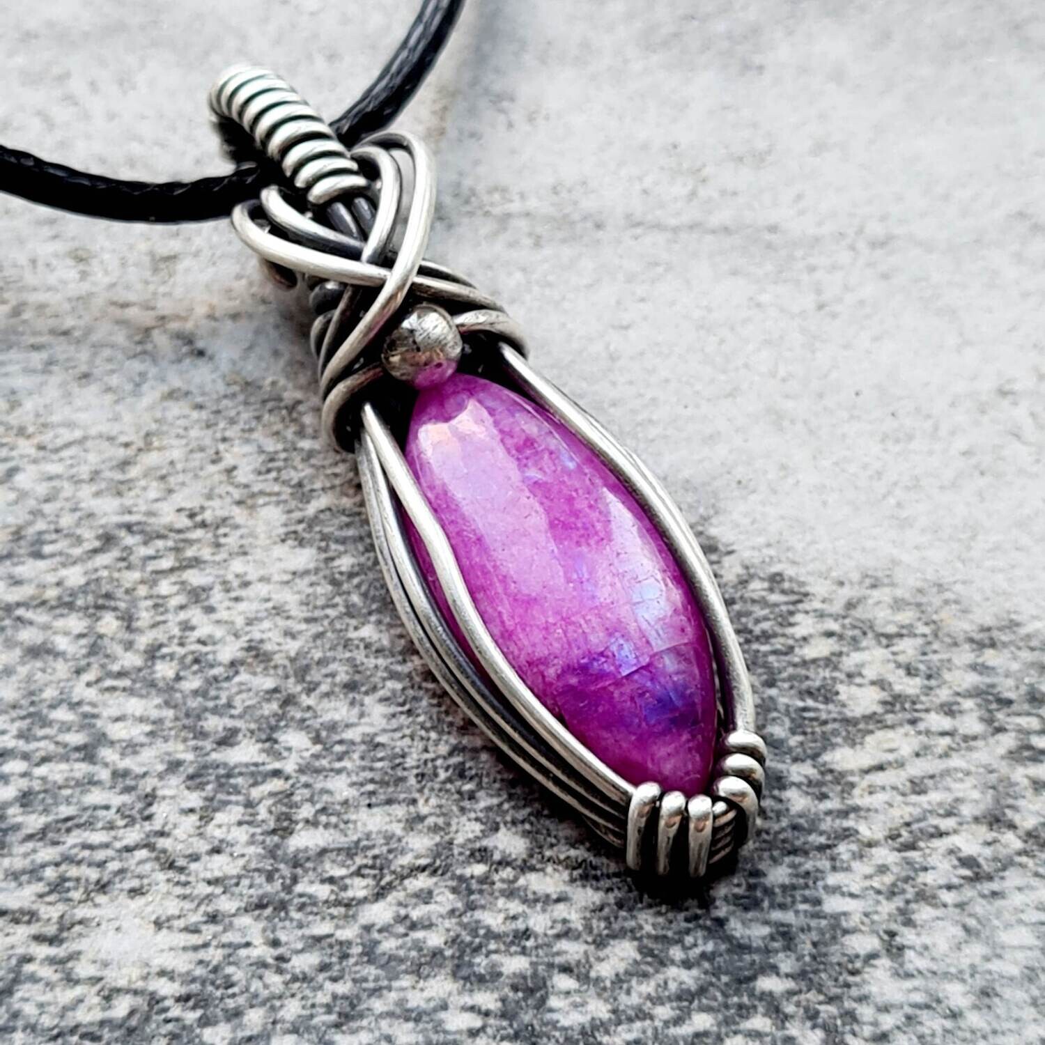 Purple coloured Rainbow Moonstone in sterling silver with necklace.