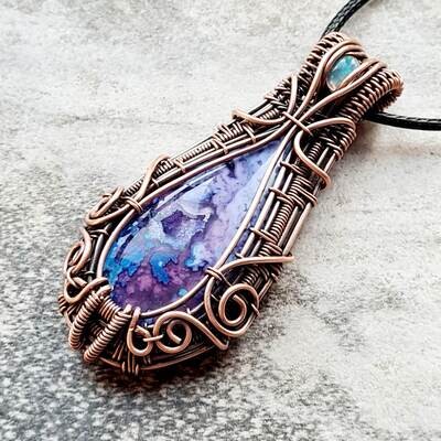 Indonesian Rainbow Agate with Druzy and WELO Opal accent pendant with chain.