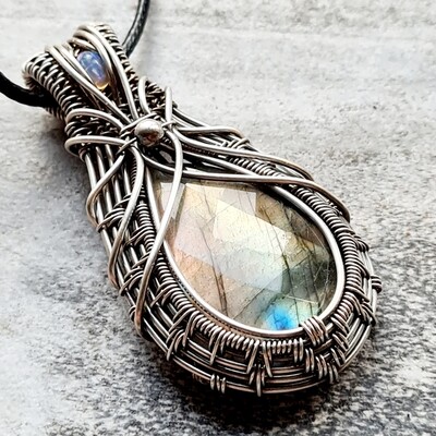DAYLIGHT - Faceted Labradorite with WELO Opal accent in sterling silver with necklace.