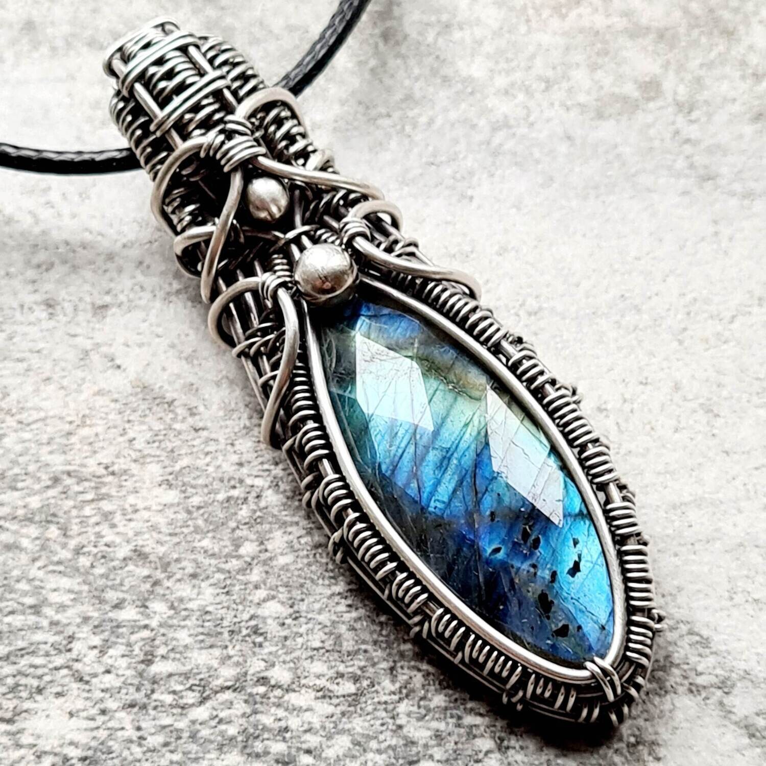APHRODITE - Faceted Marquise Labradorite with bead accents in sterling silver with necklace.