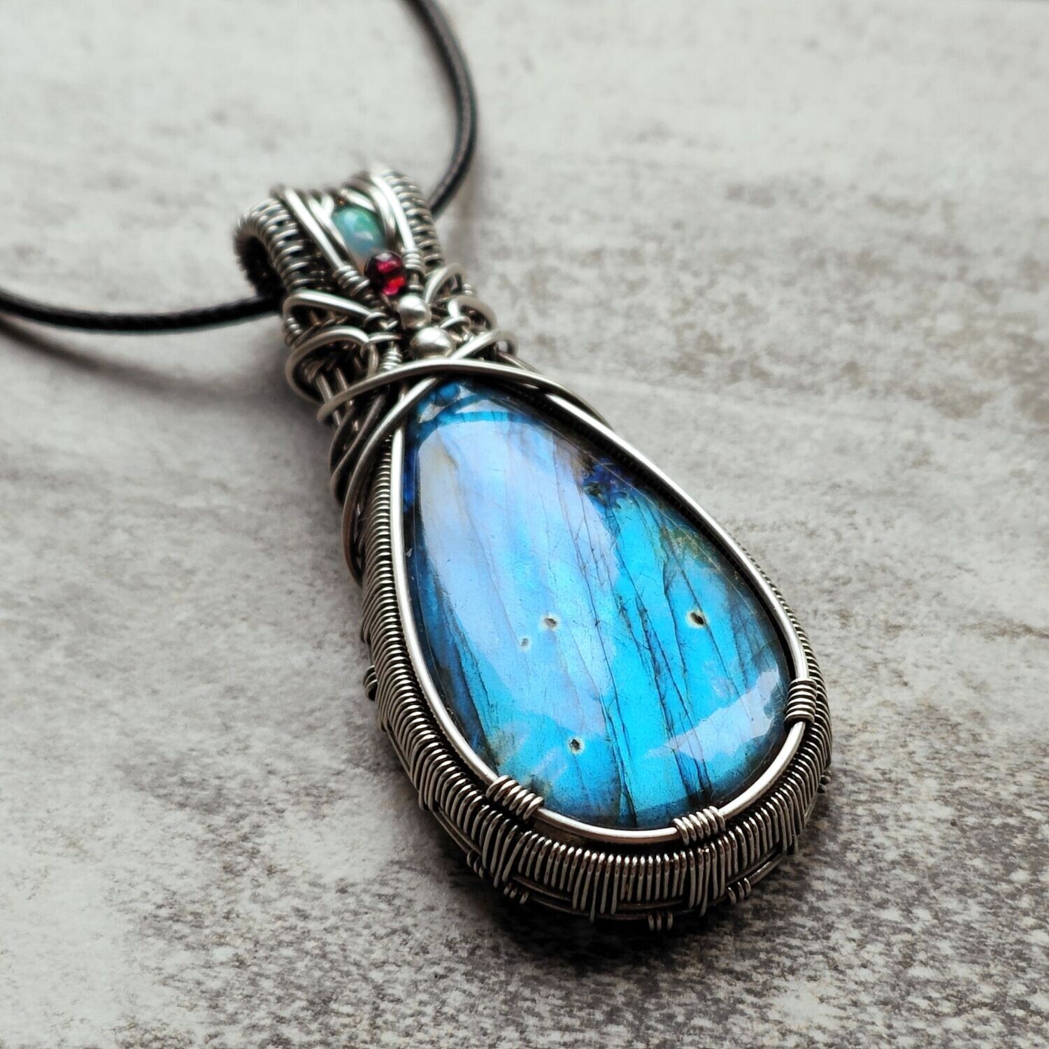BELLA - Full flash Blue Labradorite with Garnet and WELO Opal  accents in sterling silver with necklace.