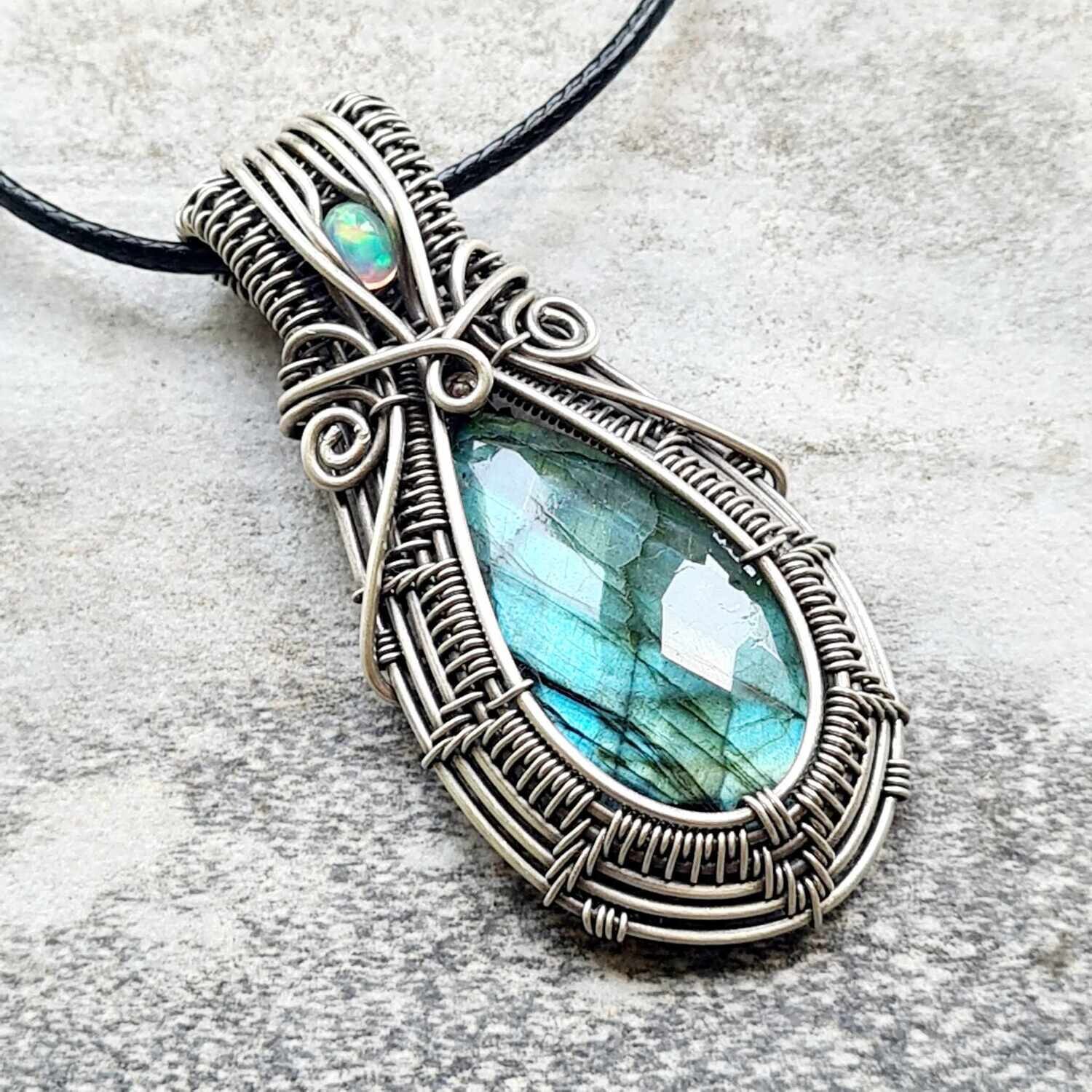 DRAGON TEAR - Faceted Blue Labradorite with WELO Opal accent in sterling silver with necklace.