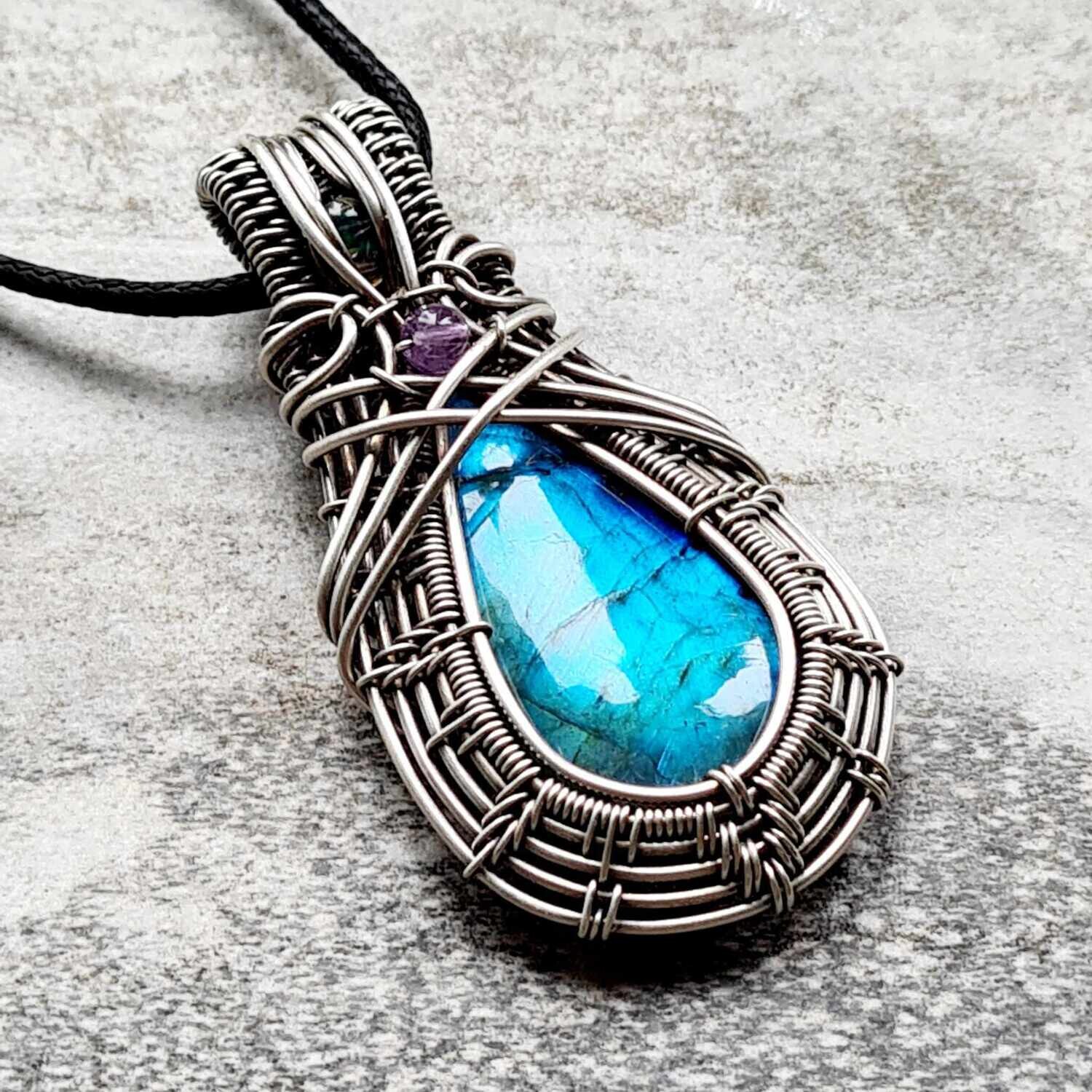 EMBRACE - Blue Labradorite with WELO Opal and Amethyst accents in sterling silver with necklace.