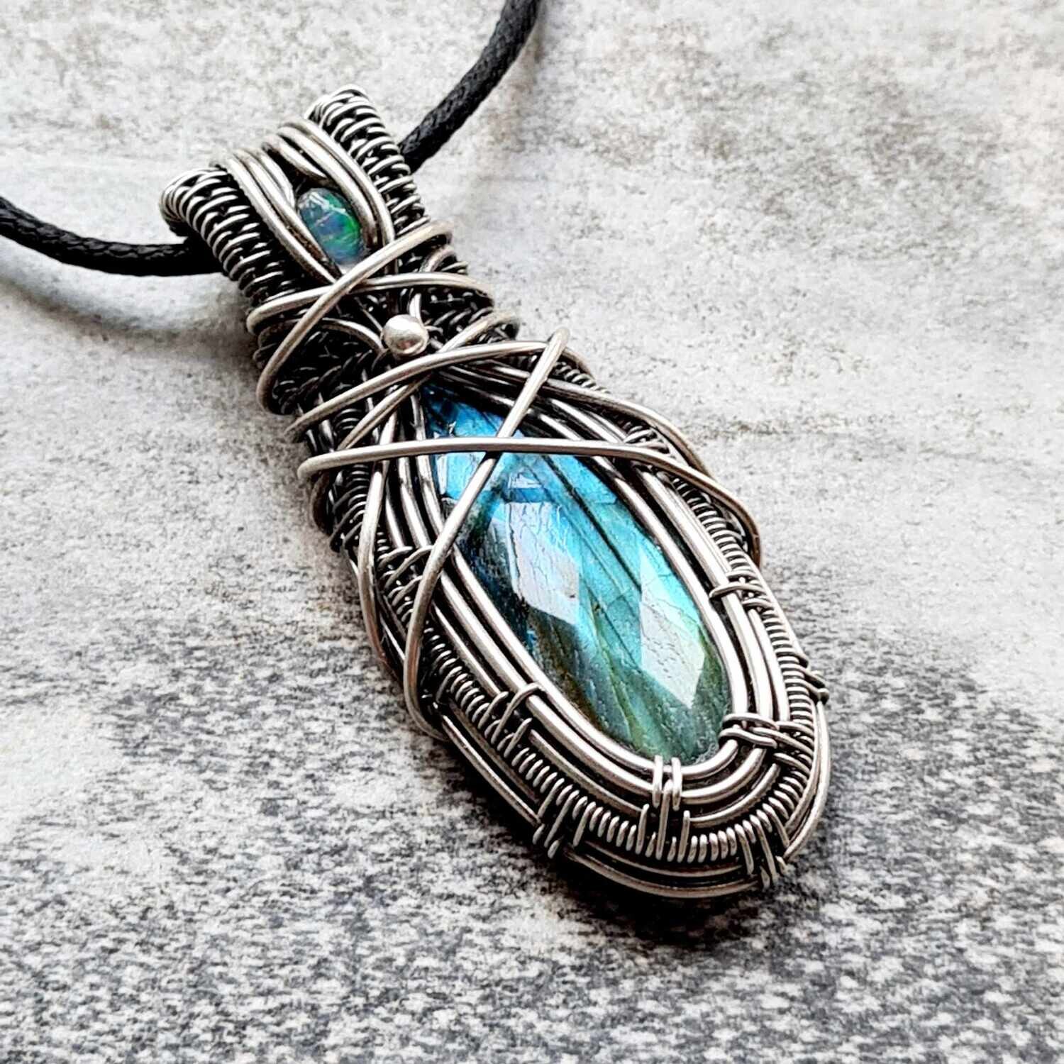 AQUARIUS - Faceted Blue Labradorite with WELO Opal accent in sterling silver with necklace.