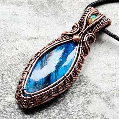 Flashy Blue Labradorite with WELO opal accent pendant with chain.
