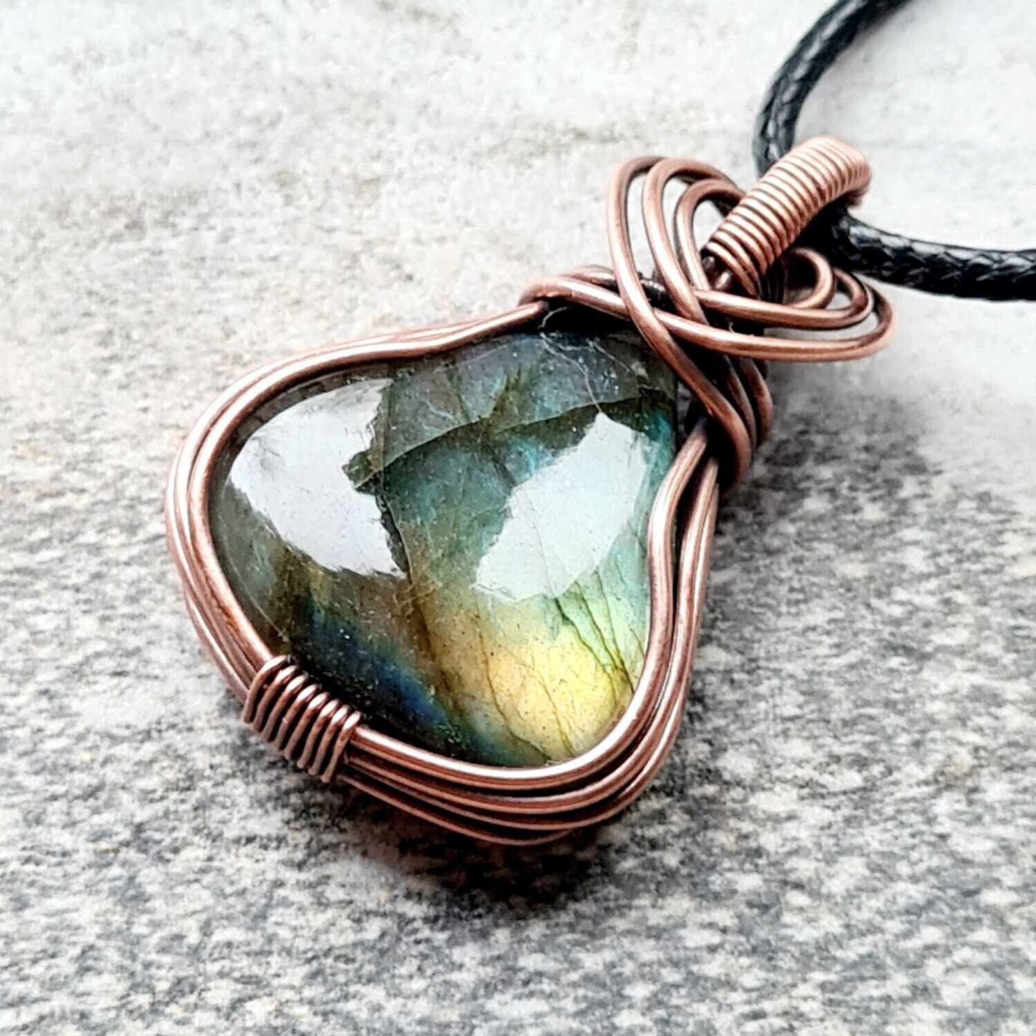Green and Yellow Labradorite pendant with chain.