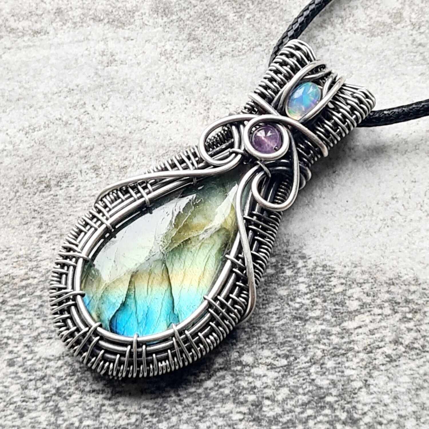 AZURE DRAGON - Labradorite with Amethyst and WELO Opal accents in sterling silver with necklace.