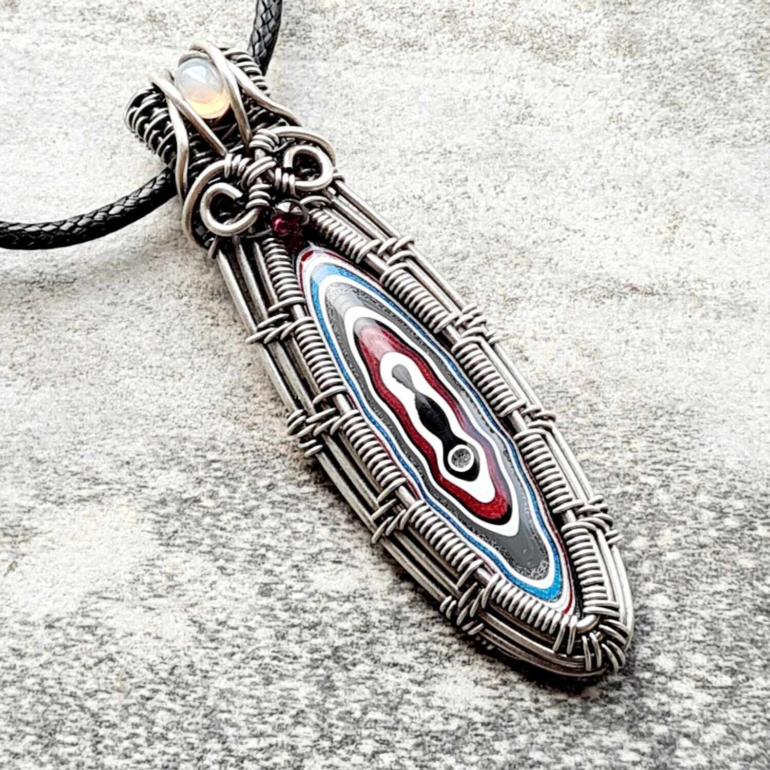 PORTAL - RARE Metallic Jeep Fordite with WELO Opal and Garnet accents in sterling silver with necklace.