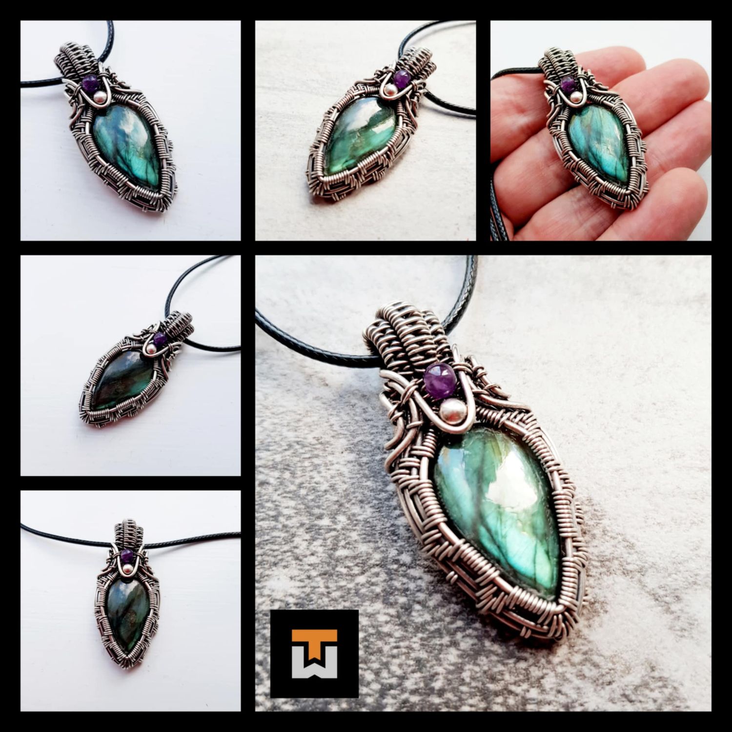 Labradorite and Amethyst pendant with chain.