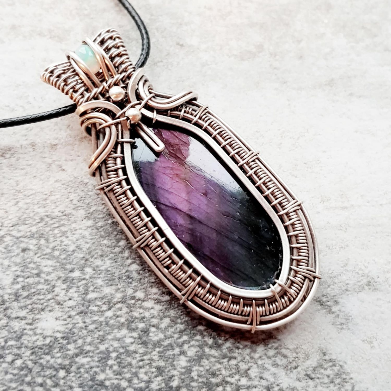 Purple and blue large Labradorite with AAA WELO Opal accent pendant with chain.