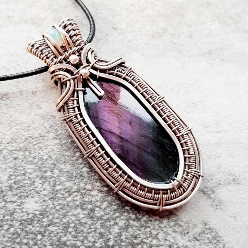 Purple and blue large Labradorite with AAA WELO Opal accent pendant with chain.