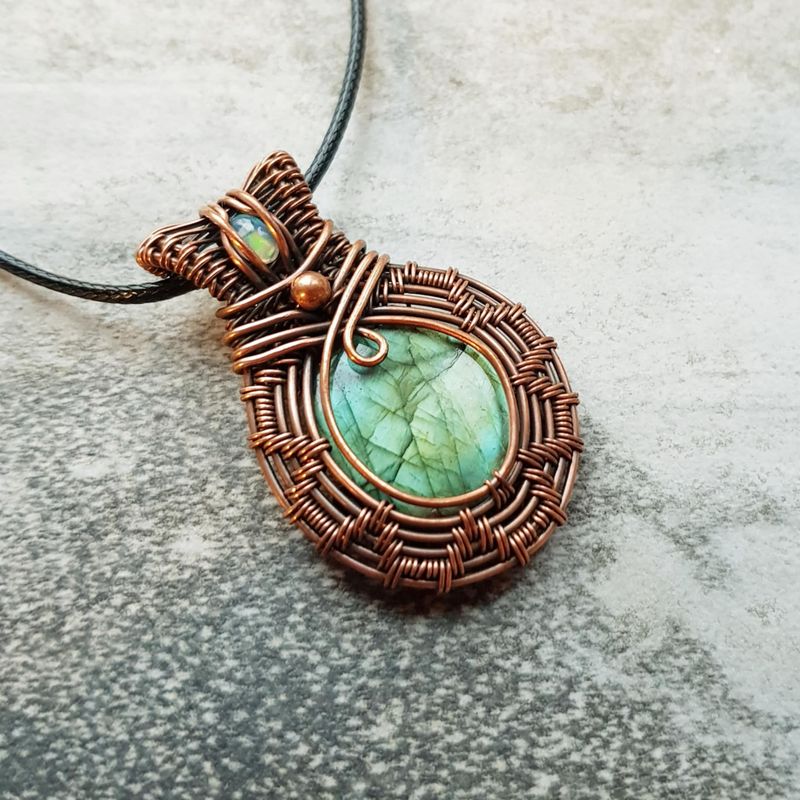 Large green flashy Labradorite with AAA WELO Opal accent pendant with chain.