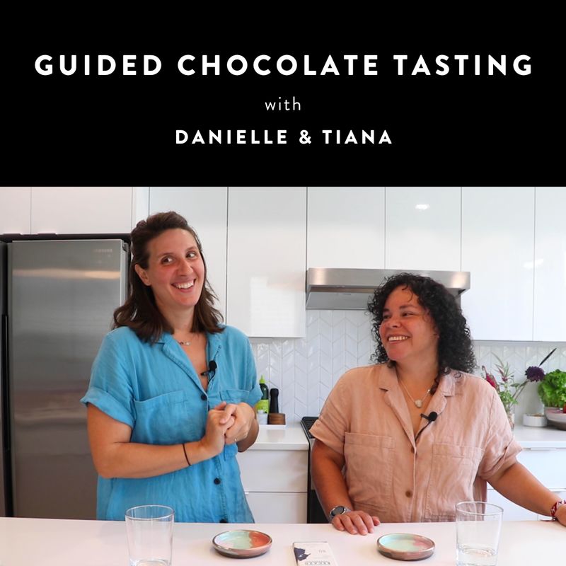 Text reading Guided Chocolate Tasting with Danielle &amp; Tiana above a picture of Danielle and Tiana.