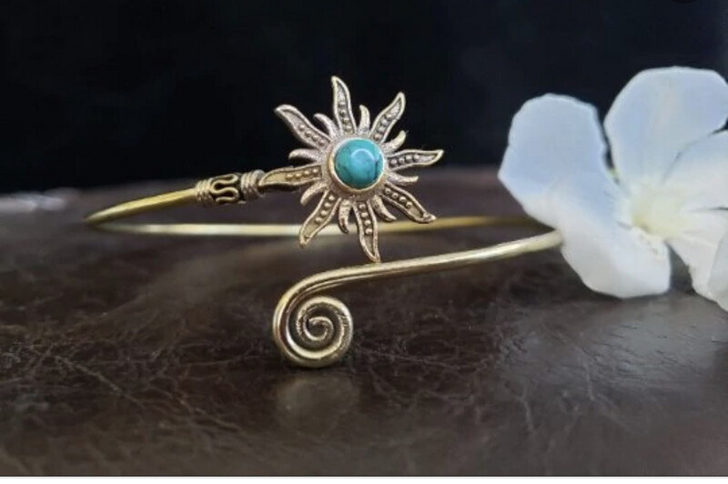 Gold Sunburst Turquoise Arm Cuff Arm Band Adjustable Tribal Gypsy Festival Boho Bohemian Jewelry